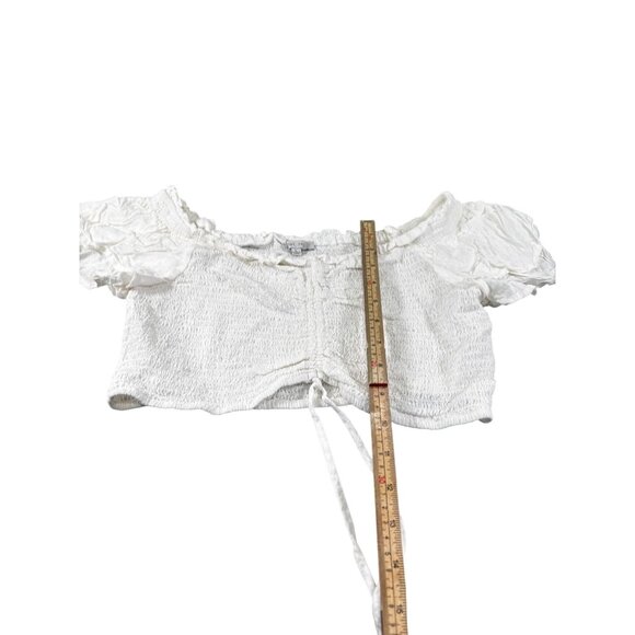 White Love Tree Ruched Crop Top With Short Ruffle Sleeves L - Picture 7 of 8